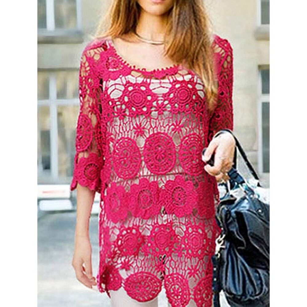 Hot Pink Open Knit Floral Sheer Cutouts Crochet Yarn Tunic Fuchsia See-Through